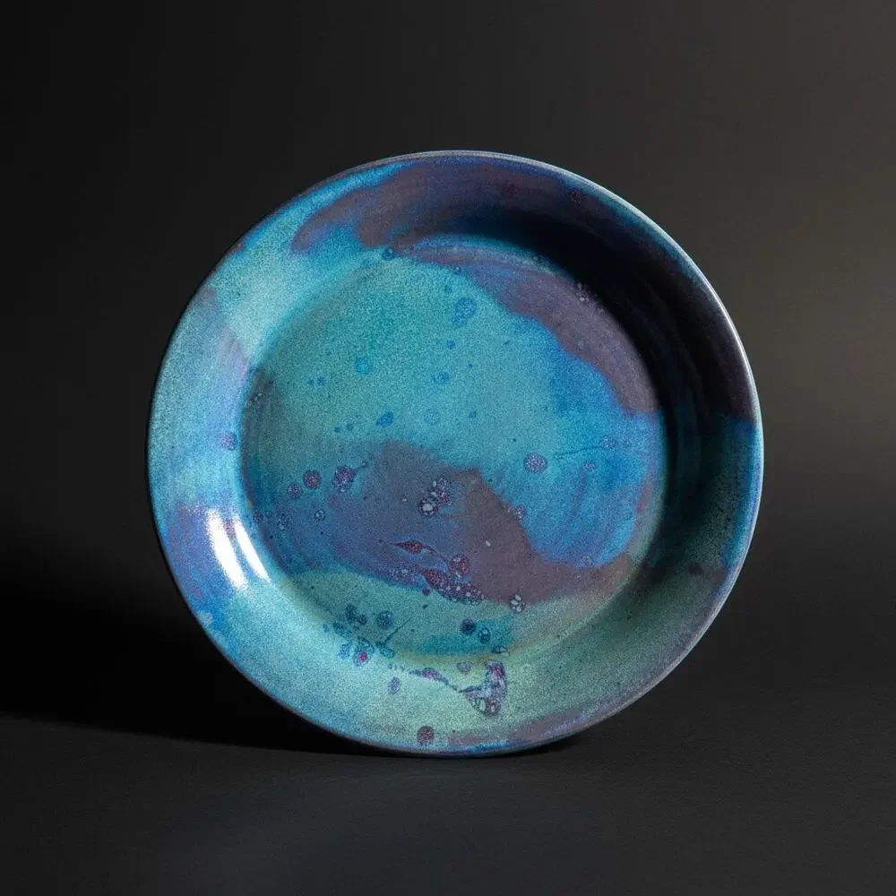 Studio Art Pottery Platter-Signed Blue Purple Green-Iridescent Ceramic-Coastal